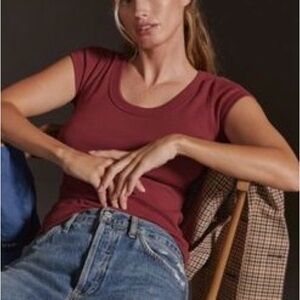 Pilcro short sleeve slim scoop neck wine ribbed tee shirt